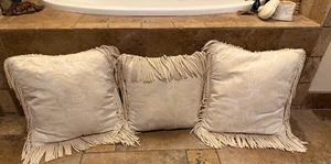 Set of 3 Ivory Cream Damask Throw Pillows w/ Fringe (2) 18x18 (1) 16x16 - Picture 1 of 17