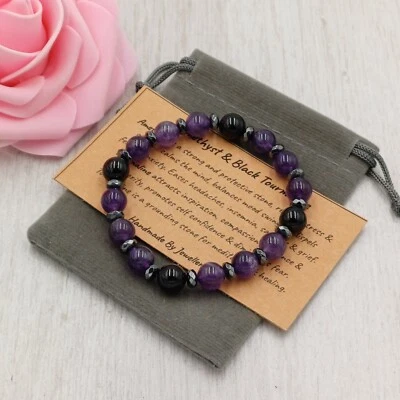 AMETHYST & TOURMALINE Bracelet Crystal Gemstone Stretch +Velvet Pouch & Card 8mm - Image 1 of 4