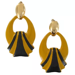 Chunky Large Black and Yellow Enamel Doorknocker Earrings Pierced Gold Tone 2.5" - Picture 1 of 4