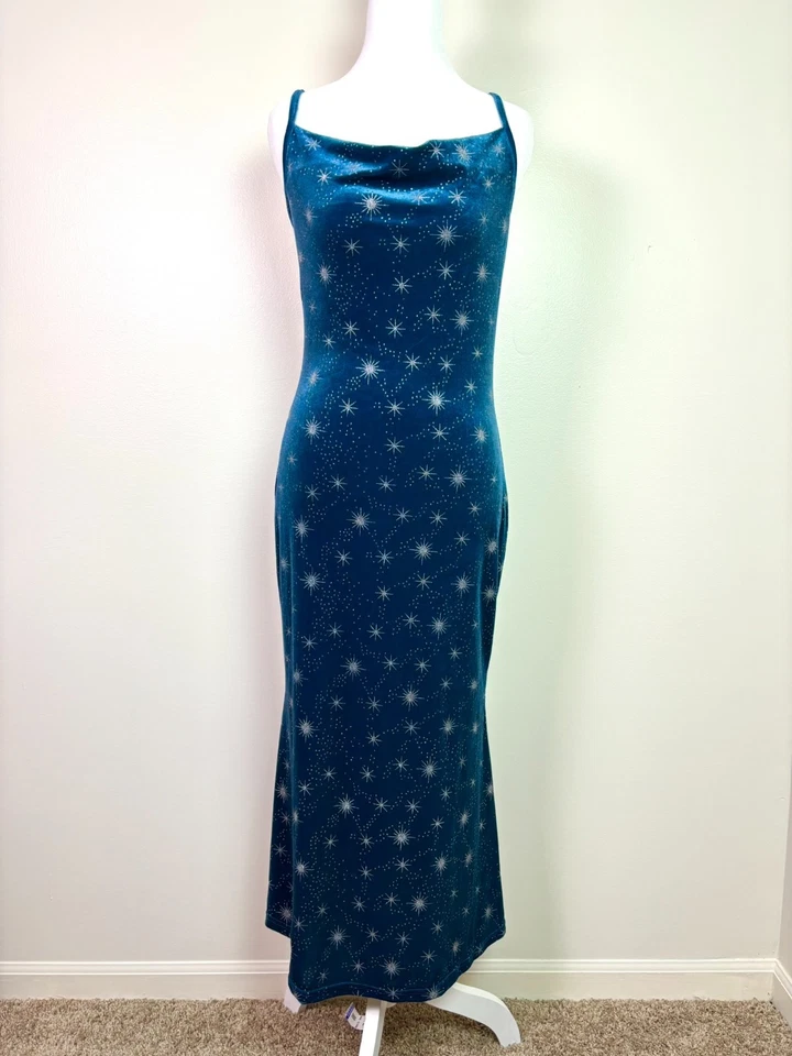 Cider Velvet Cowl Neck Star Pattern Mermaid Maxi Dress Blue Women's S Y2K Whimsy - Image 1 of 4