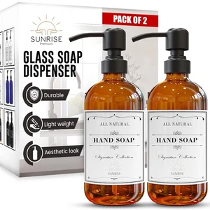 2 Pack Amber Glass Soap Dispenser 16 OZ with Matte Black Stainless Steel Pump... - Picture 1 of 7