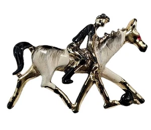 Vintage Enamel Polo Pony And Player 1.5" Brooch Pin Red Rhinestone Crystal Eye - Picture 1 of 5