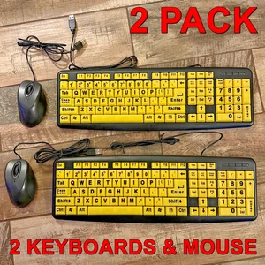 2 EZ EYES Easy To See Keyboards Yellow Big Letters + 2 Mouse Included - NEW - Picture 1 of 4