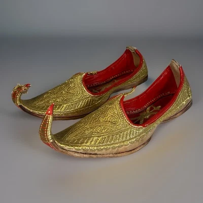 Vintage India Pakistan Punjab Gold Embroidered Jutti Curl Toe Shoes - Image 1 of 4