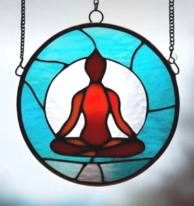 Turquoise Red BUDDHA Stained Glass Handmade SPIRITUAL Wall Hanging / SUNCATCHER - Picture 1 of 24