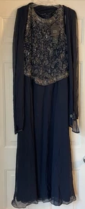 J Kara Women’s Petite Long Beaded Dress w/Scarf 8P Navy - Picture 1 of 10