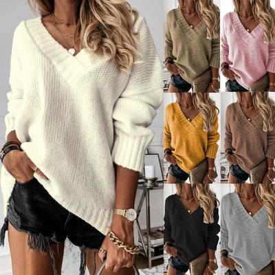 Womens Knitted Sweater V Neck Baggy Jumper Winter Long Sleeve Pullover Tops Size - Image 1 of 4