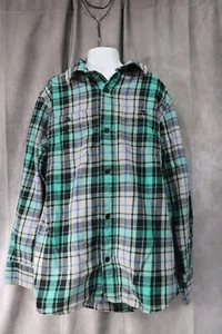 Old Navy Boy's Green Plaid Long Sleeve Button Up Flannel Shirt Size Large - Picture 1 of 3