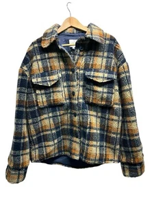 J.O.A. Oversized Sherpa Plaid Shirt Jacket Womens Shacket Blue Tan•Medium•NWT - Picture 1 of 9