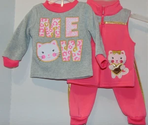 MEOW Kitty 3 pc. Size 12M Fleece Top, Vest and Jogger Pants Set by Mon Petit NEW - Picture 1 of 4