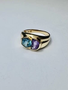 Womens Vintage Solid 14ct Yellow Gold Amethyst & Topaz Ring Jewellery Gift 585 - Picture 1 of 5