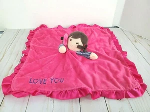 Carters GIRL DOLL Lovey I LOVE YOU Hot Pink SECURITY BLANKET Rattle Brown Hair - Picture 1 of 5
