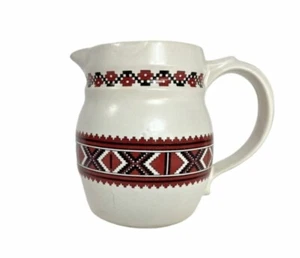 Vintage McCoy Pottery Pitcher Cream Color with Black and Terracotta Aztek Design - Picture 1 of 5