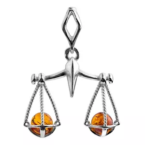 925 Solid Pure Sterling Silver Honey Baltic Amber Scales Of Justice Nice Pendant - Picture 1 of 7
