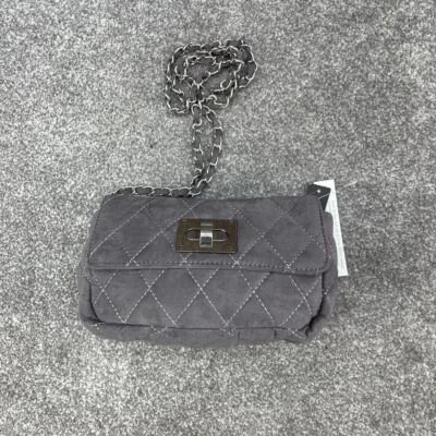 DOROTHY PERKINS GREY SUEDE HANDBAG QUILTED SILVER CHAIN SATCHEL BNWT - Image 1 of 4