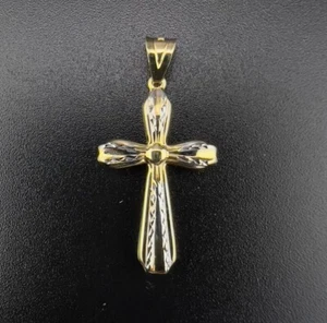 14K Two-Tone Yellow & White Gold Diamond Cut Cross Pendant - Picture 1 of 10