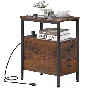 End Table with Charging Station Narrow Side Table w/ 2 Drawer & USB Ports Brown - Picture 1 of 24