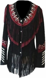 Women Western Wear Suede Leather Brown Fringe Native American Jacket Coat - Picture 1 of 3