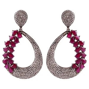 Orecchini Diamanti Taglio Rosa Naturale Diamante Pavè Rubino Argento Sterling 925 Gioielli - Foto 1 di 4