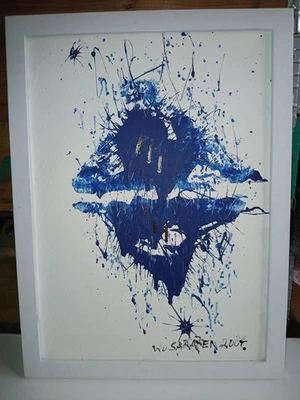 abstraktes Gemälde von Wo Sarazen - weiß auf blau 50 x 70 cm - Bild 1 von 4