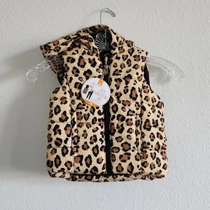 PUFFER VEST Hooded Leopard Animal Print Zips Pockets Size 12M Cream & Black - Picture 1 of 7