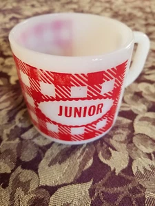 Vintage Westfield Red Gingham Checker Plaid Milk Glass Coffee Mug "Junior" - Picture 1 of 3