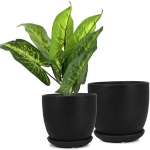 Seencool Keramik Blumentöpfe Übertopf 5,5" und 7" mit Drainageloch & Tablett schwarz - Bild 1 von 7