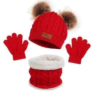 3Pcs Winter Baby Hat Scarf Gloves Set Toddler Bonnet Pompom Hats Outdoor 