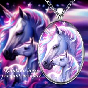 Unicorn Rainbow Horse Oval Jewelry Vintage Silvery Nature Pendant Necklace - Picture 1 of 5
