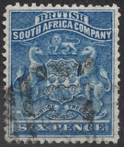 SG3 Sn:#7 1893 6 d British South Africa Company Coat of Arms 1892-1895 , used - Picture 1 of 2