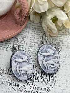 Mermaid Blue Silver Wedding Gift Anniversary Earrings Cameo Birthday Sea Life - Picture 1 of 12