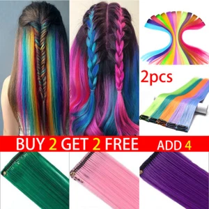 2x Clip In Long Hair Extensions Highlight Streaks Multi Colour Rainbow Festival - Picture 1 of 25