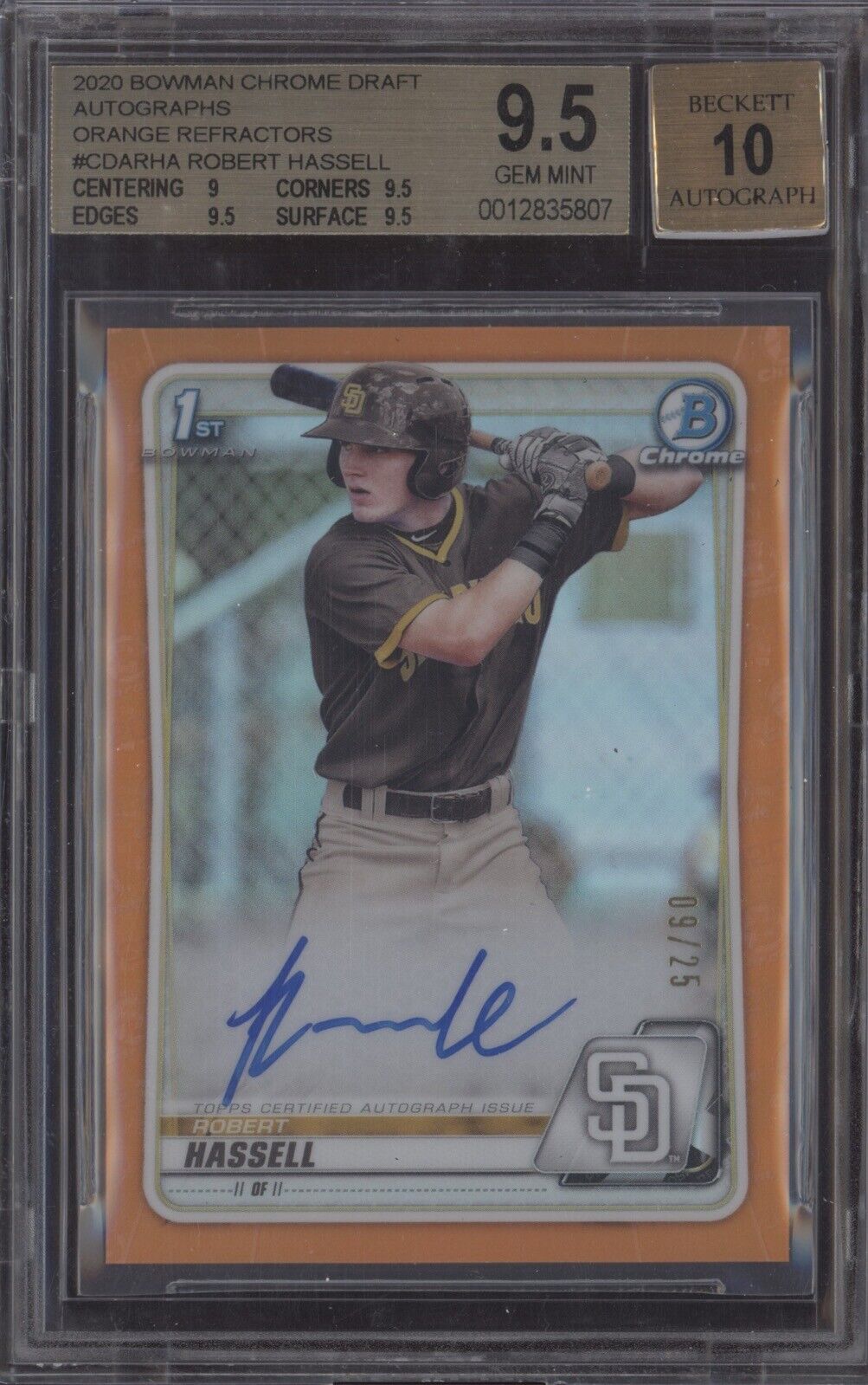 ROBERT HASSELL BGS 9.5 2020 BOWMAN CHROME DRAFT 1ST ORANGE REFRACTOR AUTO /25