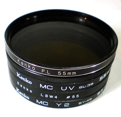 Great Set Four KENKO 55M FILTERS In Leather Case--Polarizing, UV, Y2, LBW4 - Image 1 of 4