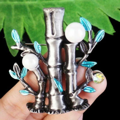 Impresionante Broche BAMBÚ Perla Bosque Árboles Estrás FLOR Hojas Azules Peltre Foto 1 de 4