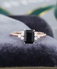Real Black Spinel engagement ring women Unique emerald cut diamond Cluster ring