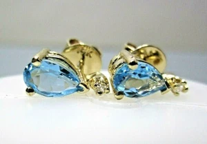 L@@K Gorgeous Real 14K Yellow GOLD Stud Earrings w/ Blue Topaz & Diamond accent - Picture 1 of 8