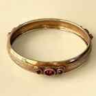 Vintage Victorian Revival Gold Tone Dark Red Crystal 3 Sided Bangle Bracelet 8"