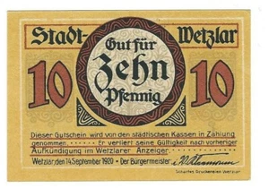 Notgeld - Wetzlar- Stadt Wetzlar - 10 Pfennig - 1920 - Verkehrsausgabe - Picture 1 of 2