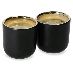 Ceramic Espresso Coffee Cups Set Of 2 Matte Black & Gold Handleless Mugs 70ml - Picture 1 of 1