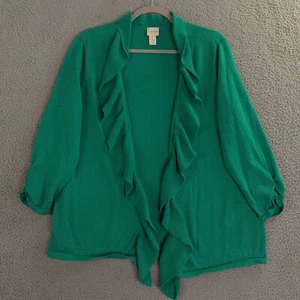 Chicos Cardigan Sweater Womens 2 US L Green Ruffle Trim Open Front Lightweight - Picture 1 of 10