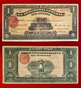 1916 MÉXICO 1 PESO BANK NOTE ESTADO DE YUCATAN MERIDA USED - Picture 1 of 3