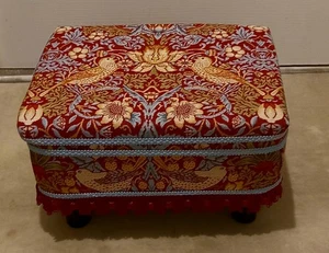 Fabulous Hand Crafted  Footstool.  William Morris  Strawberry Thief Red & Gold  - Picture 1 of 4