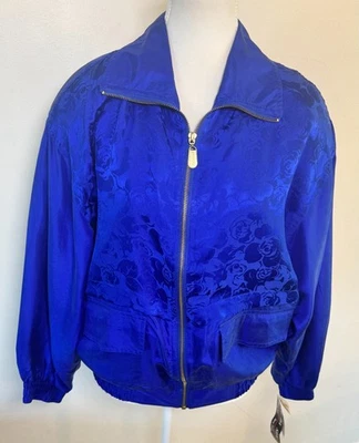 De Colección Nueva Chaqueta Bomber Fuda International Para Mujer Pequeña 100% Seda Cremallera Azul Cobolt Foto 1 de 4