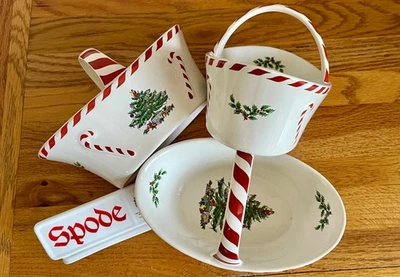 NEW Spode Christmas Tree Peppermint Handle Candy Basket/Dish 6.5" Very Pretty - Image 1 of 4