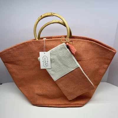 MudPie яркий джутовая сумка с короткими ручками, сумка, сумочка и чехол комплект оранжевый/персиковый/коралловый новый с ярлыками - Изображение 1 из 4