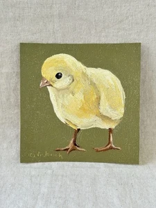 Original Ölgemälde Sammlerstück vergoldet Küken Kunstwerk Tier klein Wandbild 5x5 - Bild 1 von 7