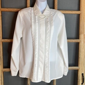 Christi & Jill Elegant White Blouse Woman's Size 8 20x24 Ribbed Front Faux Pearl - Picture 1 of 12