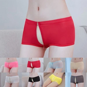 Women Oil Shiny Panties Underwear Glossy See Through Zip Open Crotch Thong Brief - Picture 1 of 35