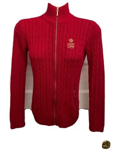 LAUREN Ralph Lauren Red Crown Crest Cable Knit Black Label Full Zip Sweater XS - Picture 1 of 8